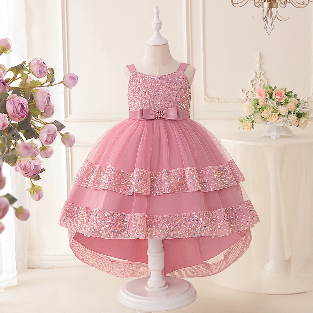 

Elegant Sequins Bridesmaids Party Girls Dress Summer Bow Baptism Birthday Princess Dresses for Girl Gala Tulle Wedding Prom Gown
