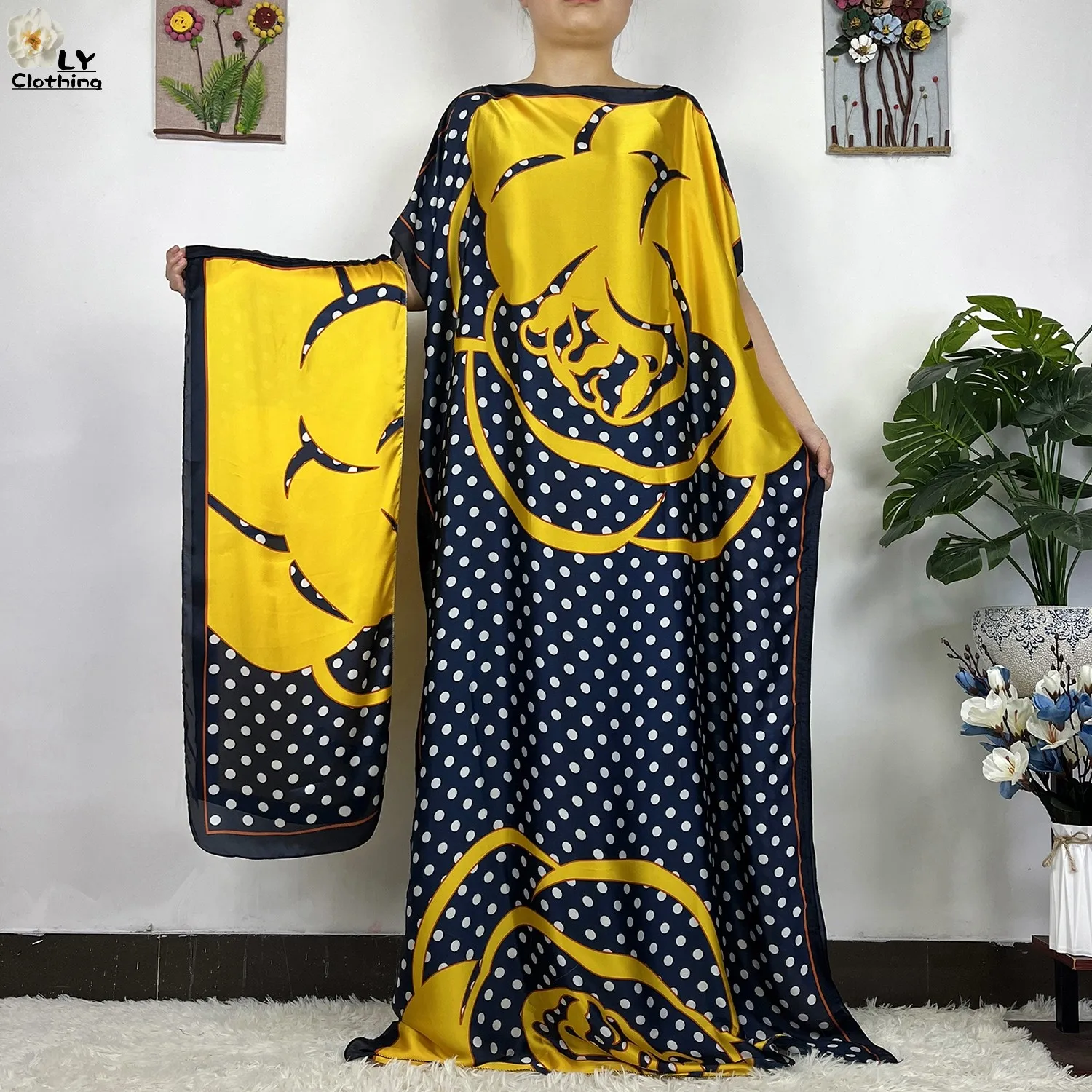 2023 New African Fashion Short Sleeve Colored Pattern Dubai Women Summer Real Silk Soft Printing Loose Tradition Muslim Dress