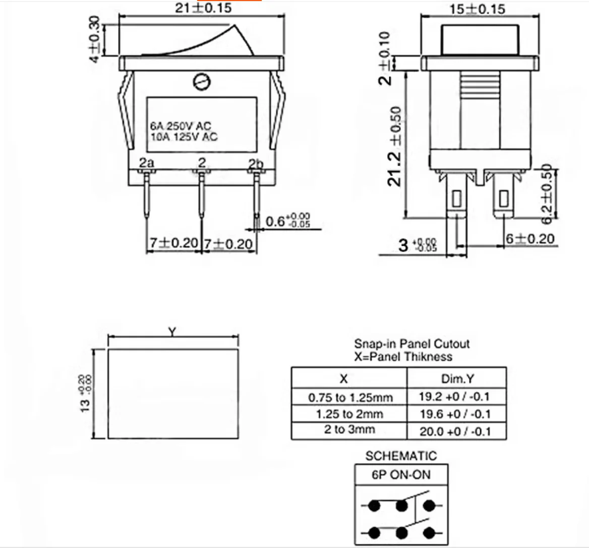 KCD1 Small ship type button switch 6-pin 2nd gear Power button switch for rocker panel 6A 250V/10A 125V Double Pole Double Throw