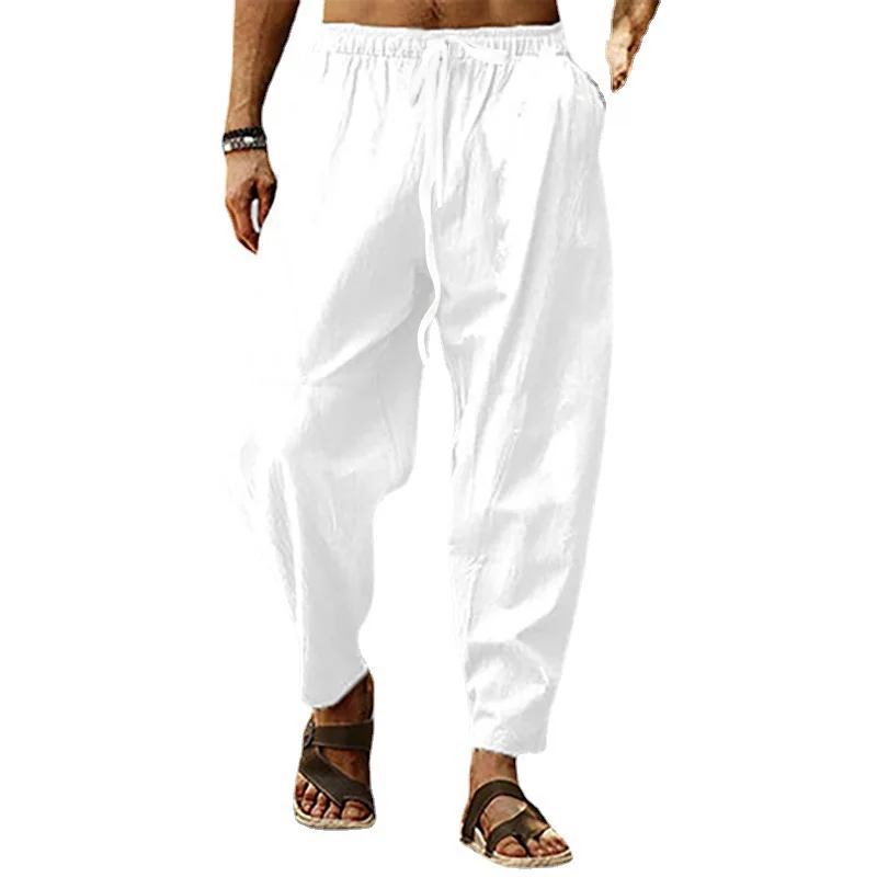 

Men's Cotton Linen Pants Solid Color High Waist Wide Leg Trousers Summer Loose Breathable Casual Pants Beach Vacation Wear