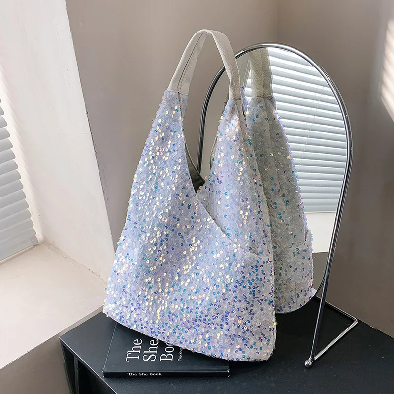 

Блестящие сумки-тоуты с пайетками для женщин 2026: Новая большая сумка через плечо для повседневного использования, блестящая повседневная сумка-ведро, модная сумка для покупок