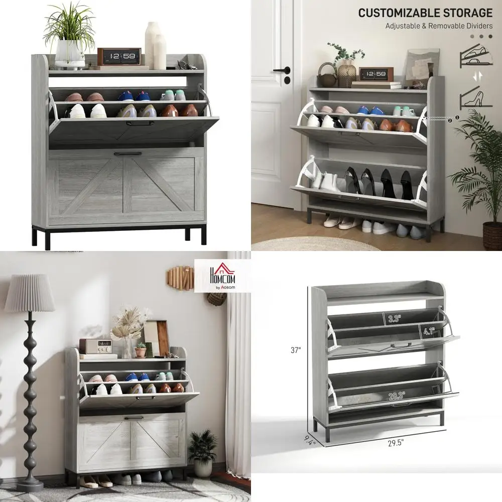 

HOMCOM Шкаф для хранения обуви с двумя откидными ящиками, ножками, отдельно стоящий узкий шкаф для обуви в фермерском доме, тонкий органайзер со скрытой стойкой для