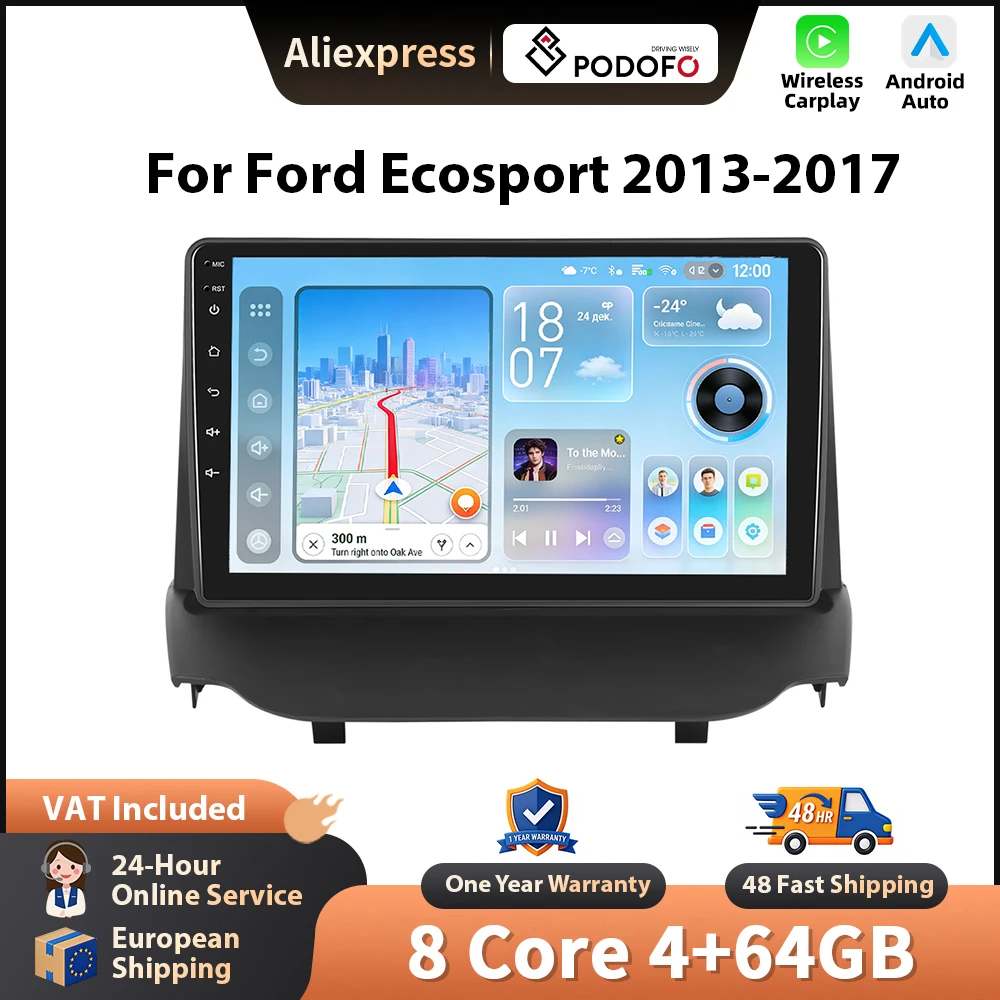 Image of Podofo 9'' Auto-Radio für Ford Ecosport 2013-2017, kabelloses CarPlay, Android-Auto-Multimedia-Stereo, WIFI, GPS-Navigation, FM/RDS, BT, 2-DIN-Headunit, HD-EQ, Touchscreen, Mirrorlink,