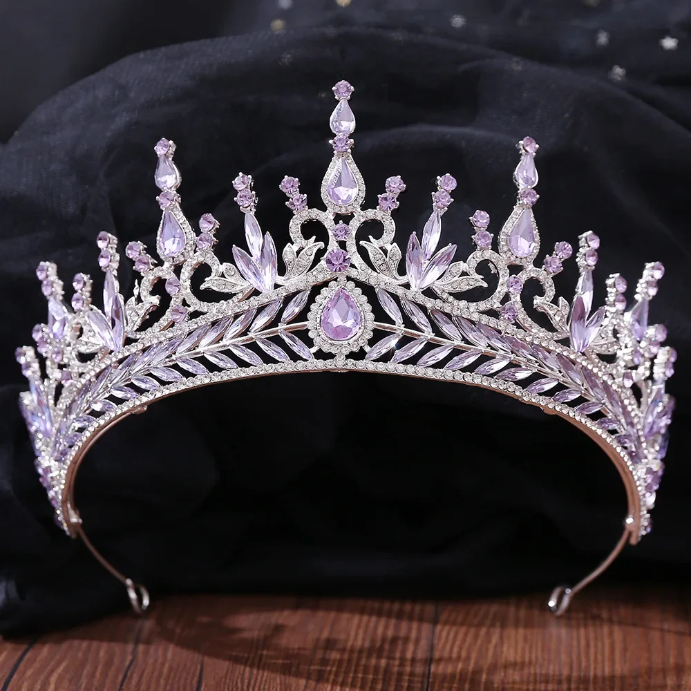 Silver Color Purple Crystal Crowns Bridal Tiaras Fashion Queen Rhinestone Diadem Headpiece Wedding Hair Jewelry Accessories Gift