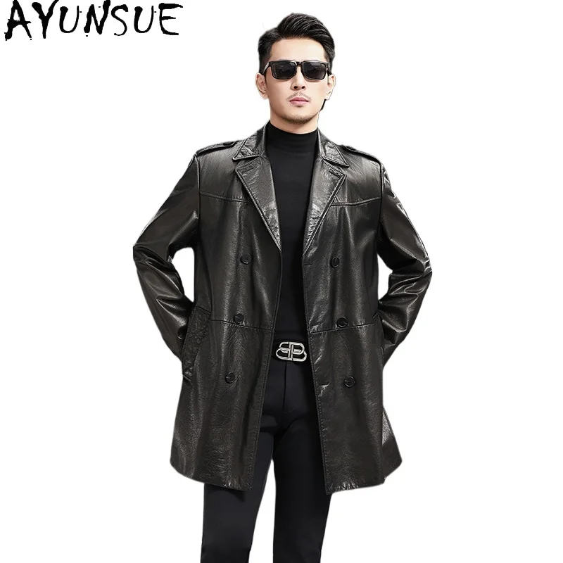 

AYUNSUE Мужская куртка из натуральной коровьей кожи 2025 средней длины из 100% натуральной яловой кожи, пальто с воротником, повседневные тонкие кожаные куртки для мужчин