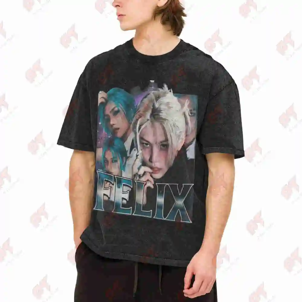 Felix Retro Kpop Cosmic Art Vintage Washed Tee Pure Cotton T-Shirt