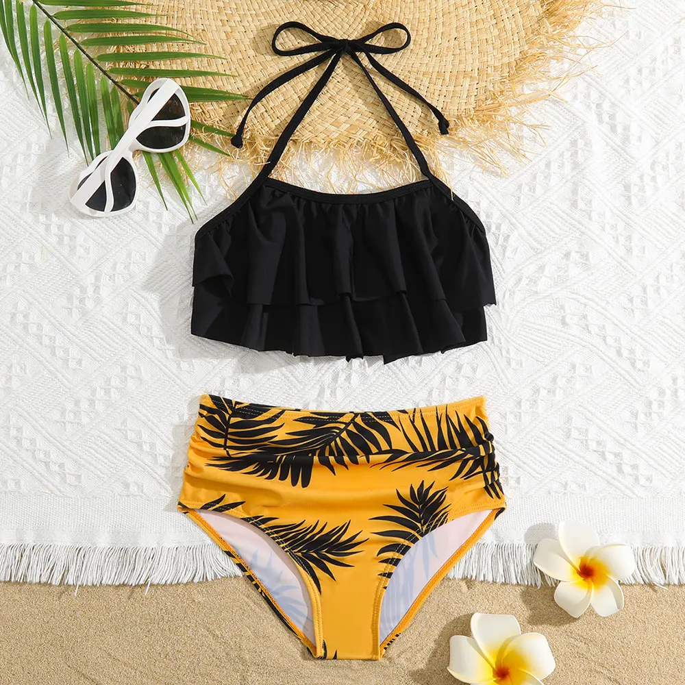 Girls Tropical Leaf Print Swimsuit Kids High Waist Bikini Set 5-14 Years Two Piece Children's Swimwear Halter Top Bathing Suit