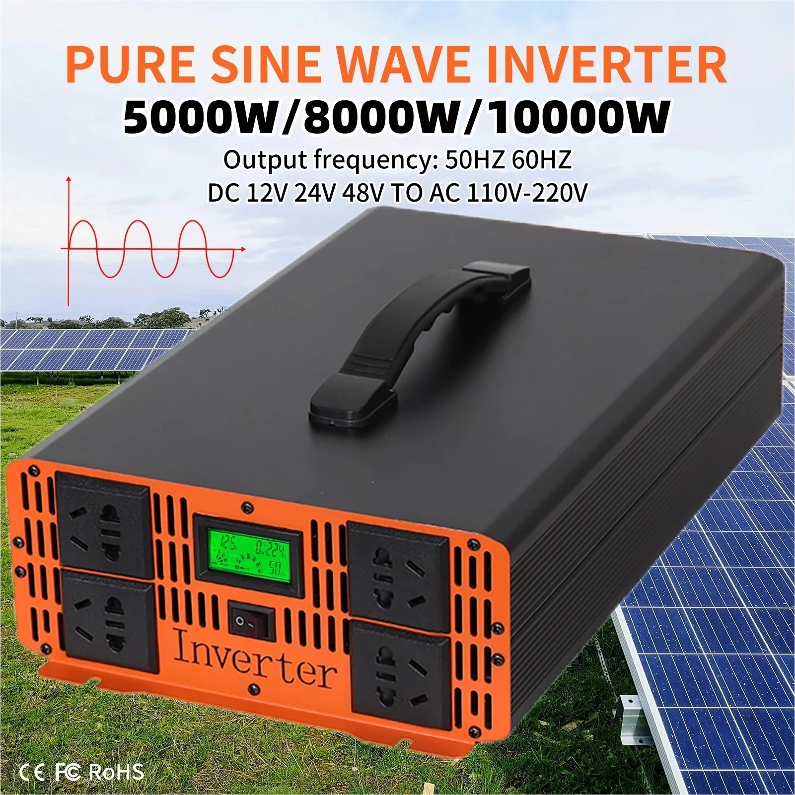 Pure Sine Wave Inverter 3000W 5000W 10000W DC 12V/24V/48V/60V to AC 120V 220V Power Solar Car Inverter Charger Adapter Universal