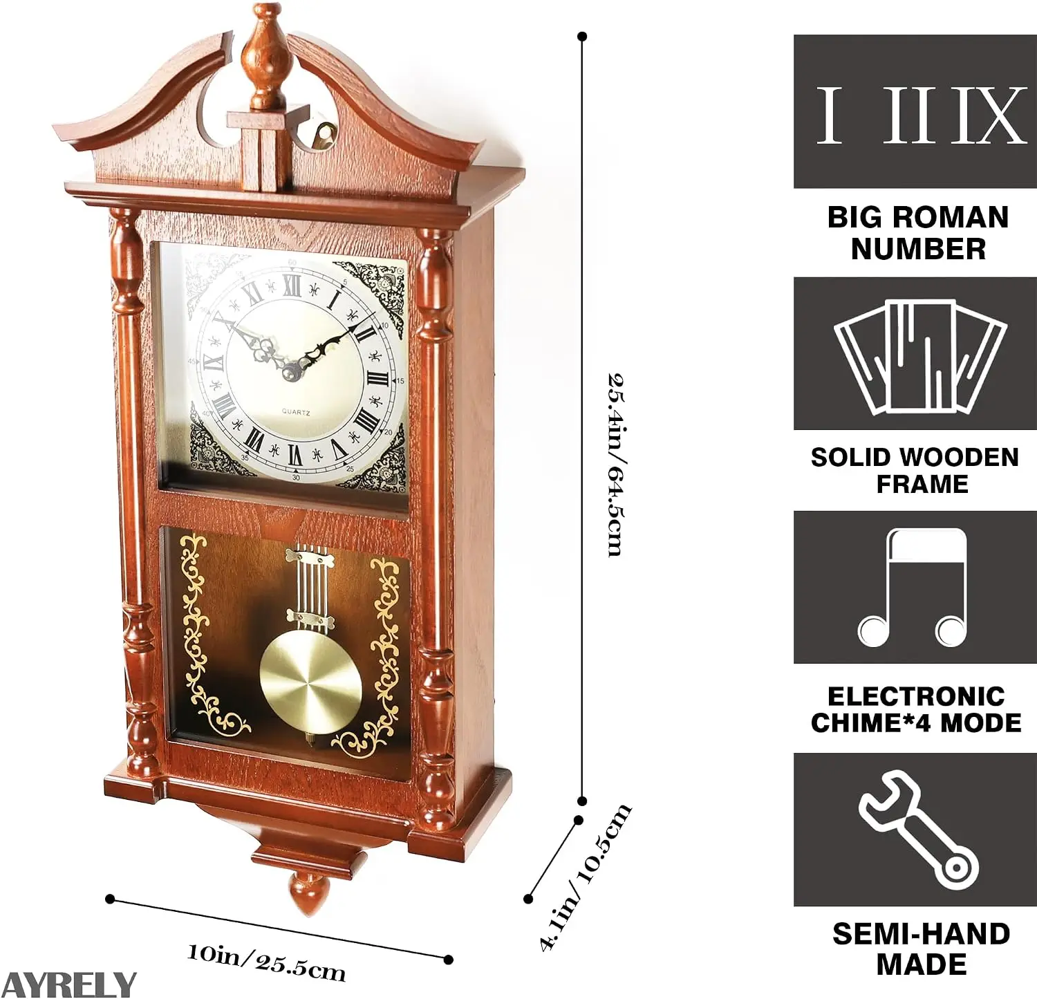 ® 25IN Grandfather Vintage Wall Clock with Pendulum and Chime, Hour/Quarter-Hour Chime, Rubberwood Frame, Large Vintage Wall Clo