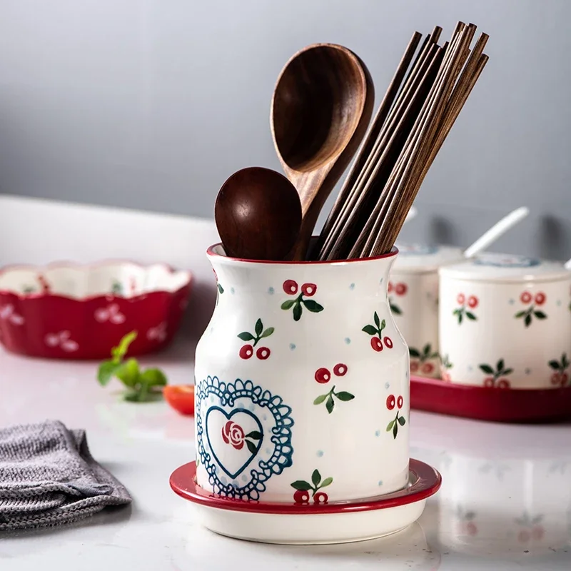 

Hand-painted Ceramic Chopstick Storage Jar Drain Rack Spoon Tableware Storage Tool Home Kitchen Tool Storage Tank