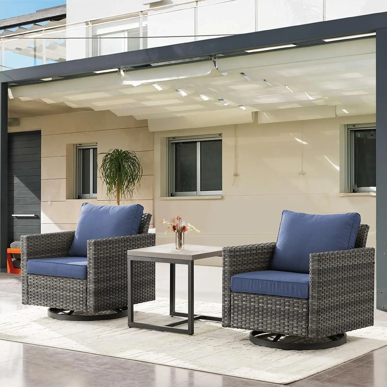Outdoor Swivel Rocker Chairs 3 Piece Wicker Set With Side Table 360° Swivel Glider For Balcony Deck Poolside, Customized