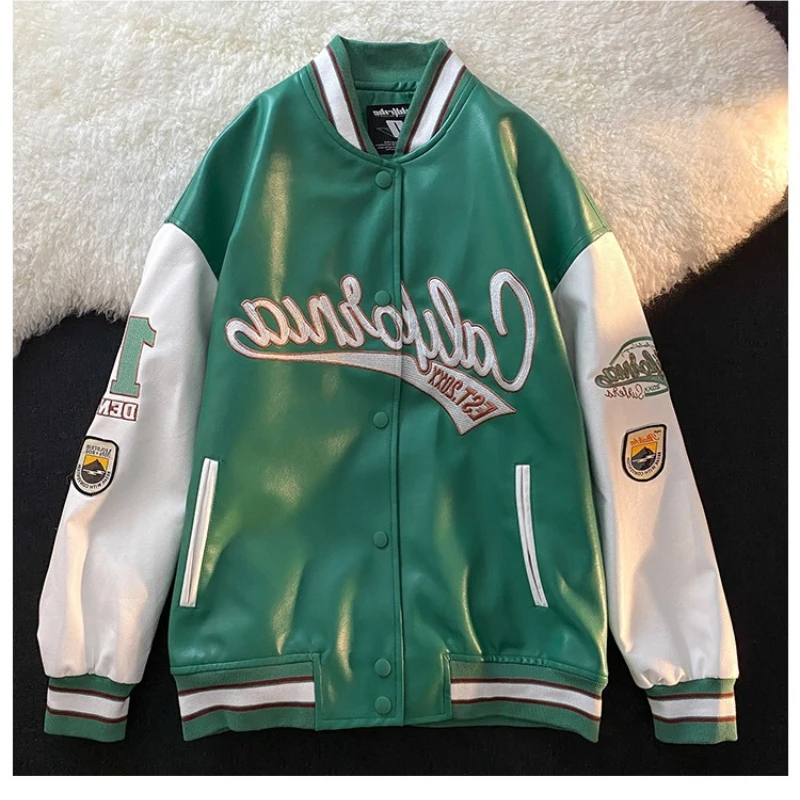 

New Fashion Retro Baseball Coat Men and Women Spliced PU Leather Flight Jacket