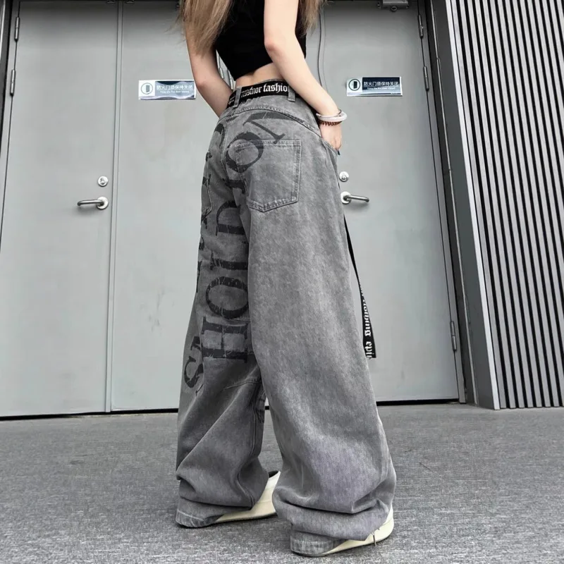 ANJY خريف جديد الأمريكية خمر العصرية خطابات طباعة المد الدنيم السراويل للجنسين فضفاض ملابس الشارع الشهير شيك واسعة الساق الجينز A15407