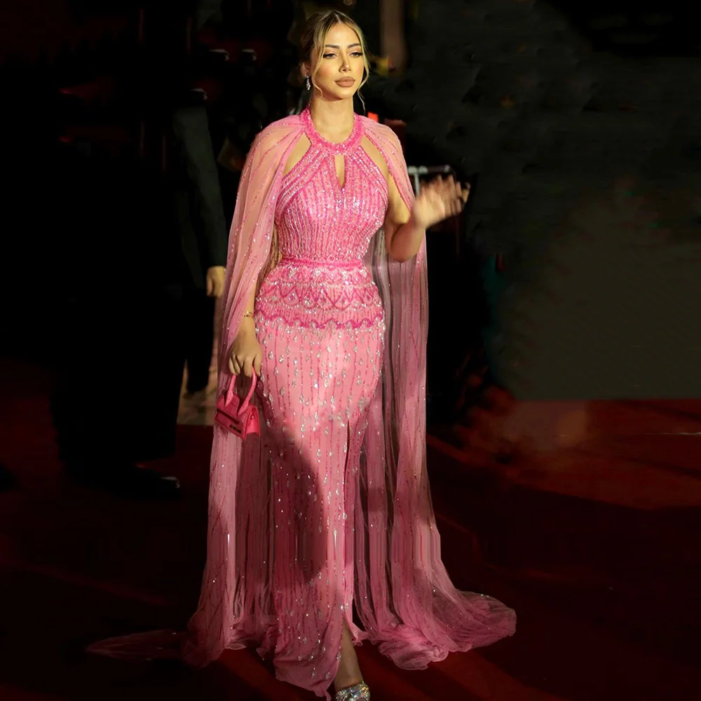 

Sharon Said Luxury Dubai Pink Mermaid Evening Dresses with Cape Sleeves Arabic Wedding Dress Formal Party Gowns SS361 Customized