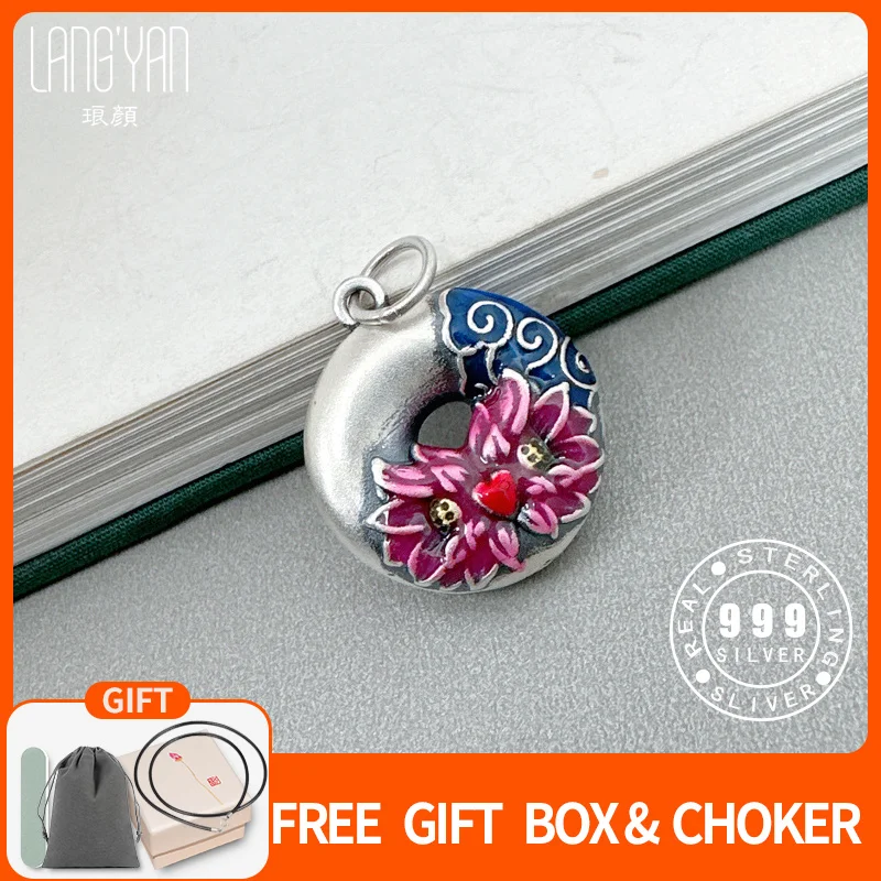 

Langyan 999 Silver Yin Yang Peace Knot Pendant Vintage Ethnic Style Enamel Craft Lotus Chinese Lucky Charm Gift for Women DZ080