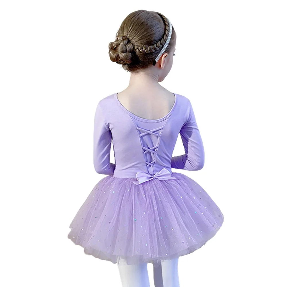 

Модное детское балетное платье с длинными рукавами, хлопковая одежда с бантом для выступлений, пышные танцевальные костюмы с блестками, танцевальные костюмы