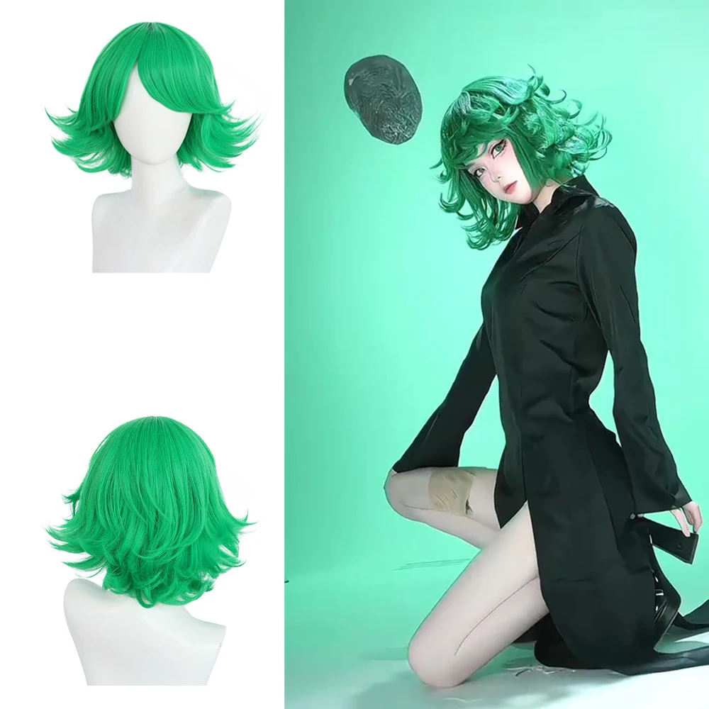 أنيمي ون بانش مان Tatsumaki تأثيري الشعر الاصطناعية 12 بوصة أخضر رقيق قصير مجعد شعر مستعار للحفلات اليومية مقاومة للحرارة الطبيعية #1