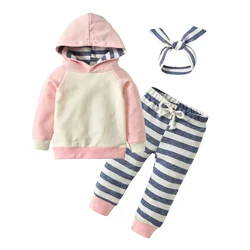 Spring Autumn Toddler Baby Girls 3PCS Clothes Set New Patchwork Hooded Top + Striped Pants + Headdress Casual Outfit for Girls