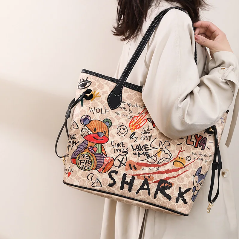 Fashion Printed Women'S Bucket Bag Bear Pattern Graffiti Tote Bag Luxury Designer Handbag Large-Capacity Shopping Shoulder Bag