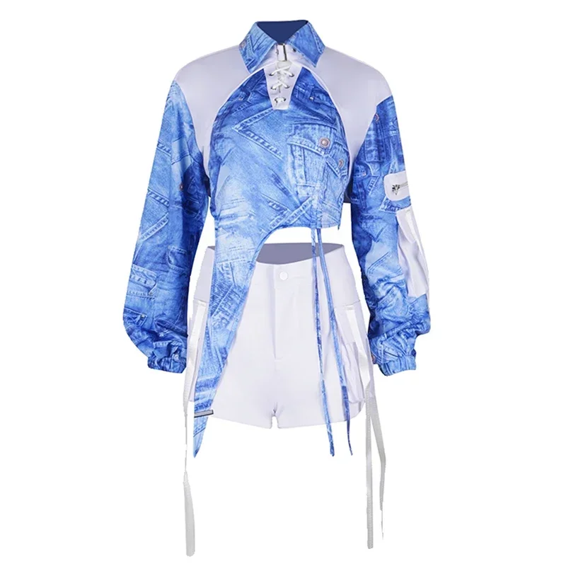 

Женский синий Kpop хип-хоп джаз Gogo танцевальный костюм хип-хоп джаз одежда для выступлений сценическая одежда ночной клуб DJ Drag Queen танцевальная одежда