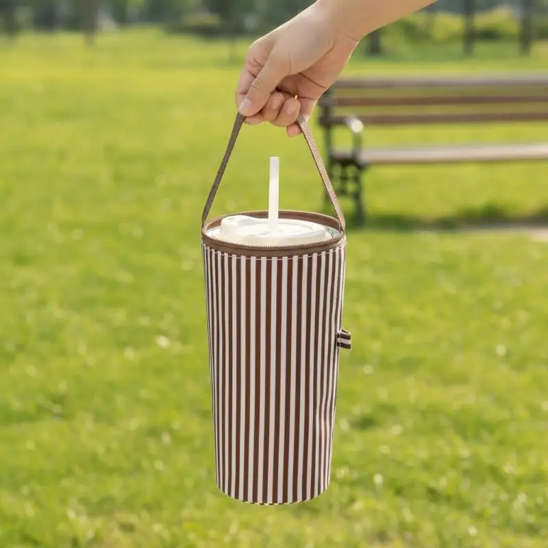 @*Insulated Tumbler Carrier Bag Striped Style with Handle Thermal Lined Reusable Drink Pouch for Daily Commuting