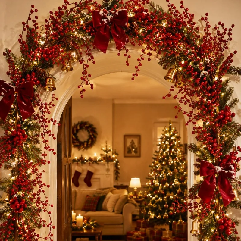 175CM Christmas Artificial Red Berry Garland Vine Christmas Tree Dining Table Fireplace Pendant Ornament Hanging Wreath Decor