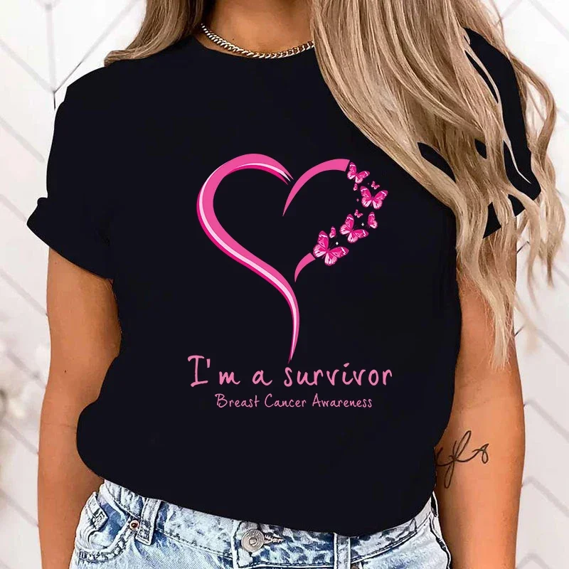 

(High Quality Clothes)Breast Cancer Awareness I'M A Survivor Printed T-Shirts Women Short Sleeve Funny Round Neck Tee Shirt