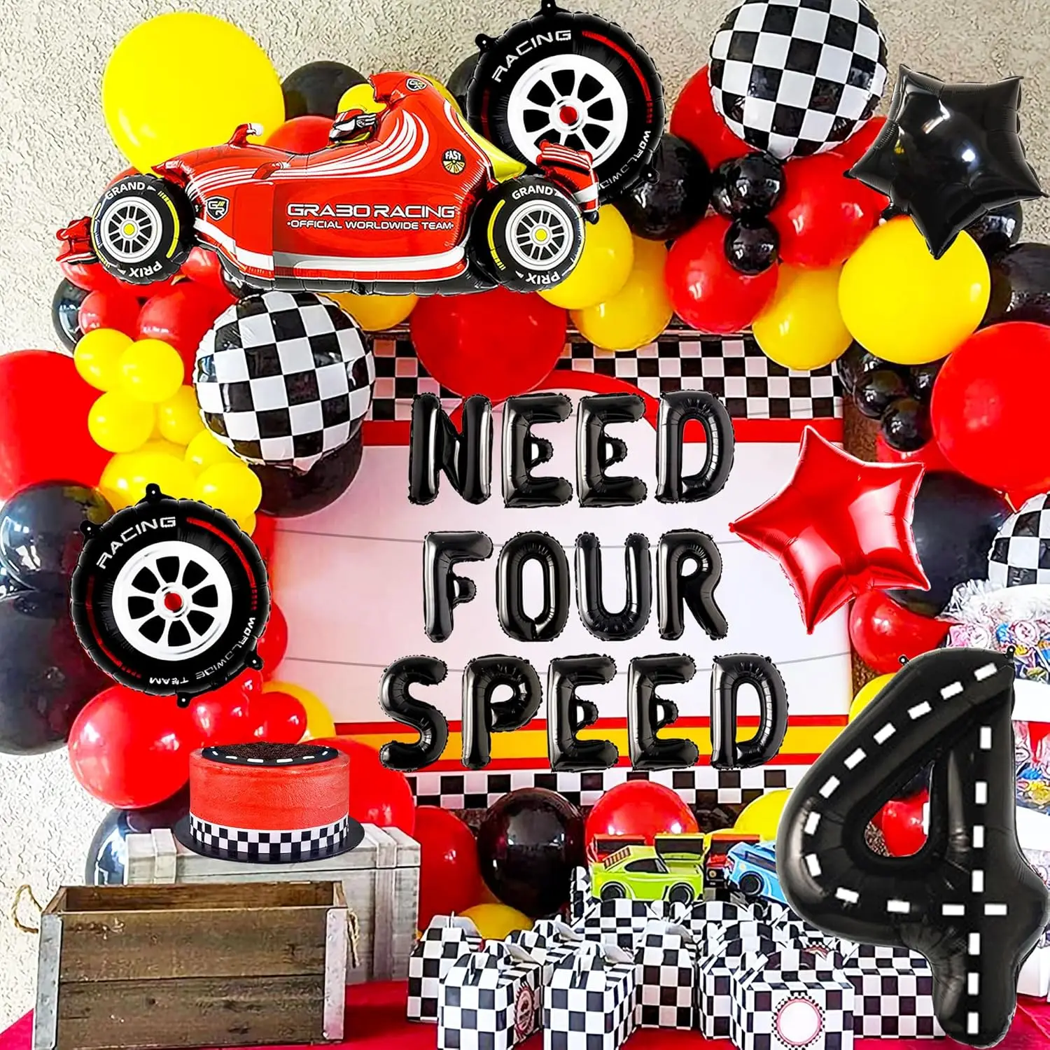 Laventy Heeft Vier Speed Verjaardagsdecoratie Nodig Vier Speed Ballonnen Achtergrond Raceauto 4e Verjaardagsdecoratie