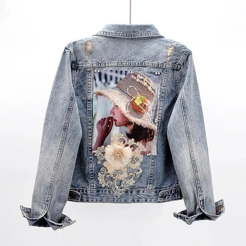 2023 Spring Autumn Women\'s Denim Jacket Long Sleeve Overcoat Loose Three-dimensional Button Pearls Outwear Ripped Jeans Jackets