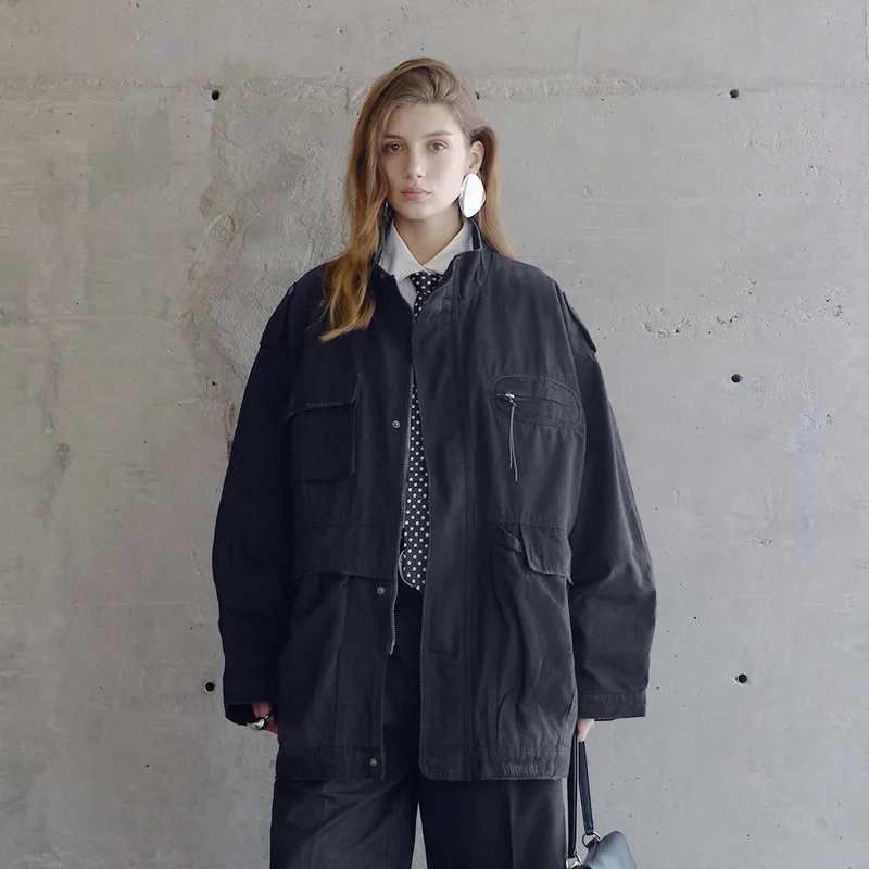 ACOMOSON Casual High-Street Mid-Length Women Coat Distressed Frayed Vintage Multiple Pockets Travel Holiday Outdoor Coat
