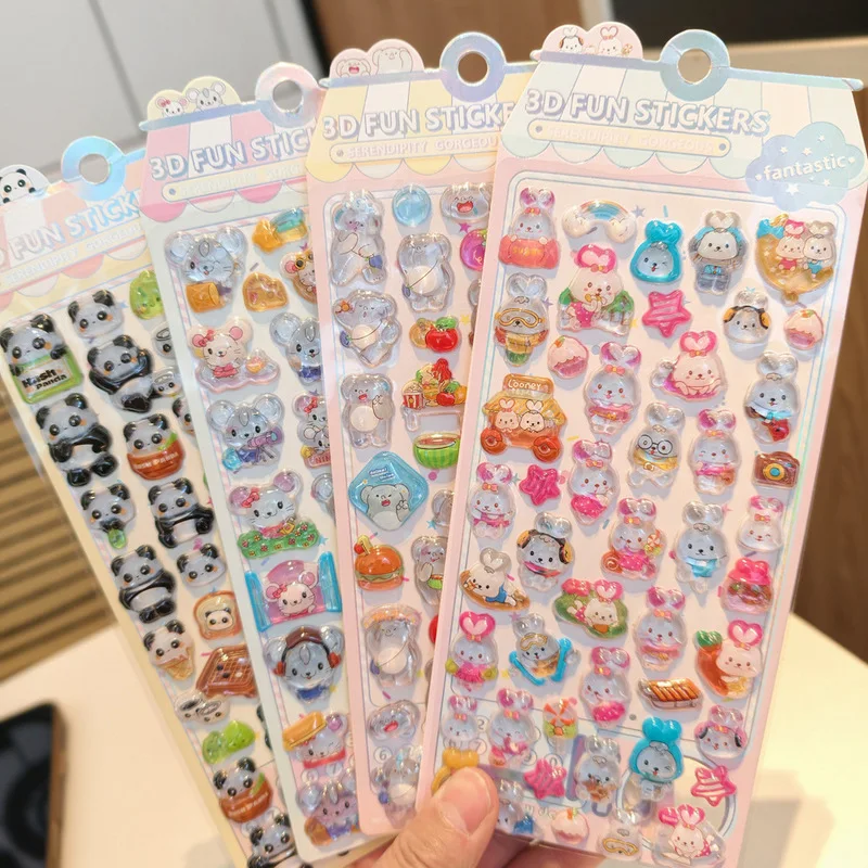 

4pcs Kawaii 3d Relief Crystal Sticker Cute Animal Diy Mobile Phone Decoration Stickers Student Hand Account Stationery Gift