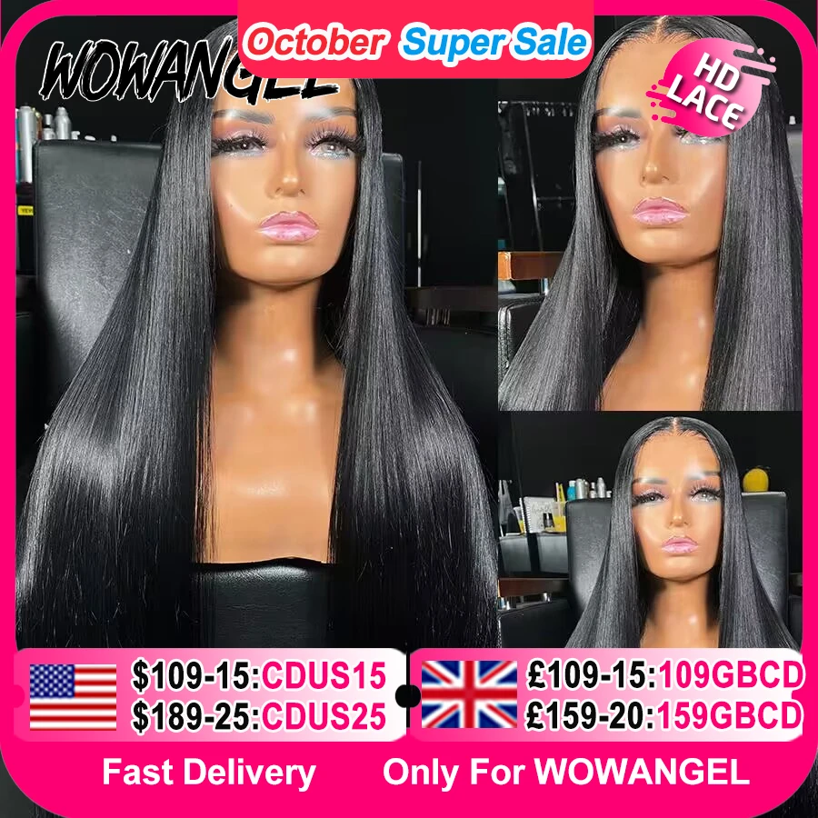 Wow Angel 36inch Jet Black Glueless Wigs 5x5 HD Lace Closure Human Hair Wigs Pre Plucked Straight Ready to Go Wigs For Woman