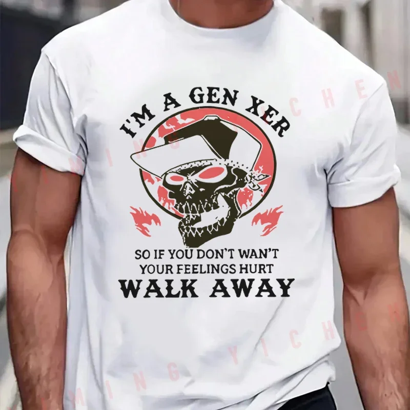 Men T-Shirt I'm A Gen Xer Slogan With Skull & Red Flame Graphic Moto Cotton O-neck Short Sleeve T Shirt Fashion Tees