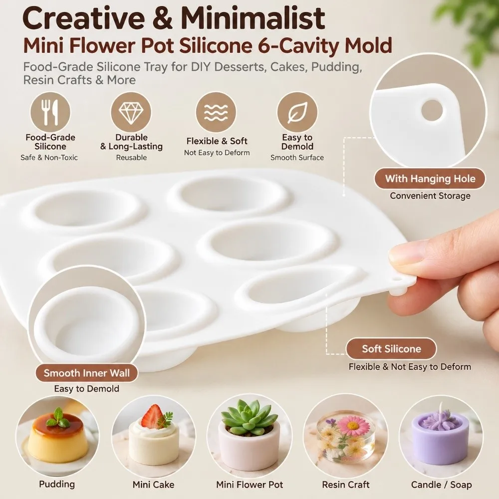 6 Cells Small Flower Pot Silicone Mold‌ Round Non Stick Silicone Cake Mold Heat Resistant Baking Mold Pudding Cup Mold
