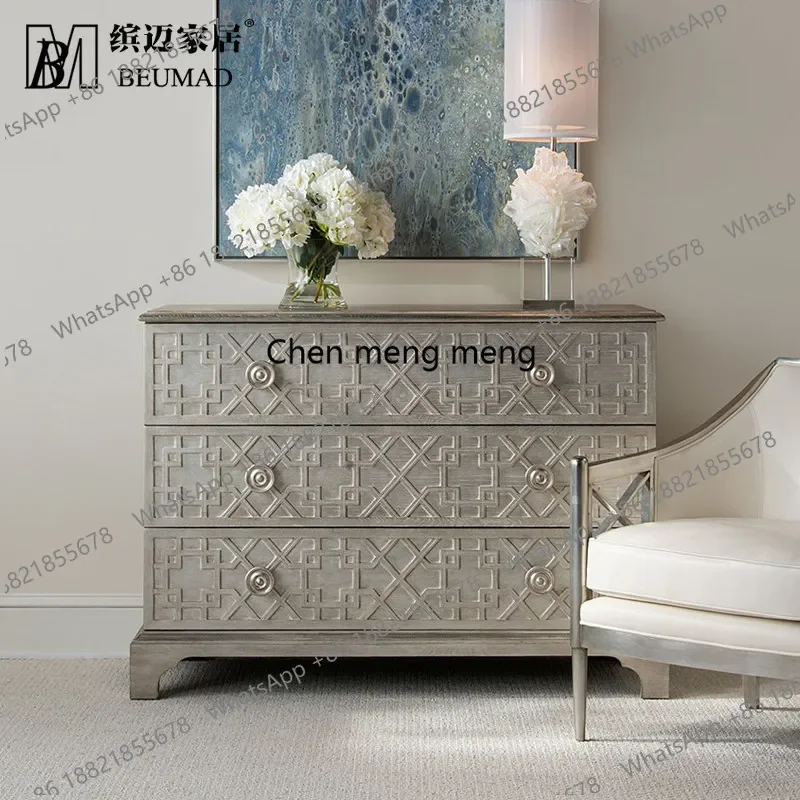 B182 Modern American light luxury silver old three-bucket cabinet villa entrance foyer entrance oak solid wood side cabinet