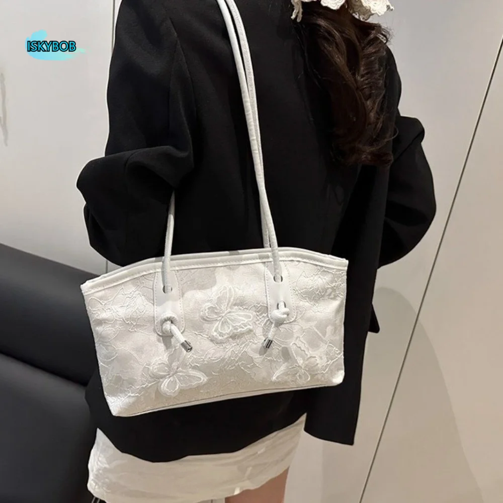 

Ретро-сумка-тоут Y2K с бабочками, вместительная сумка через плечо для поездок на работу, с жаккардовой вышивкой, из искусственной кожи, женская