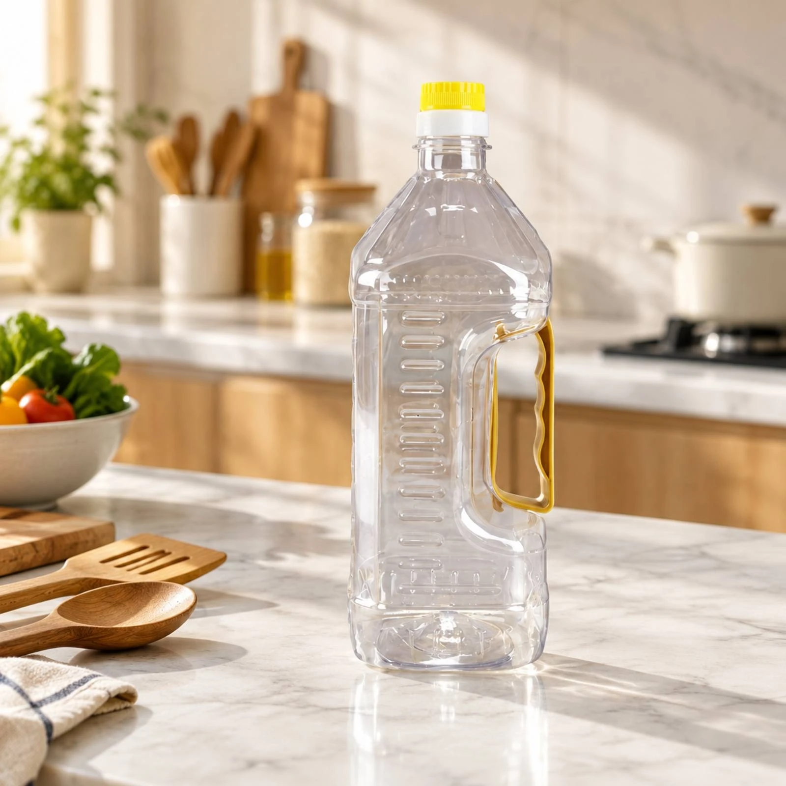 Square Plastic Bottle with Handle Transparent 1.8 Liter Plastic Bottle Container Lightweight Screw-on Cap for Kitchen