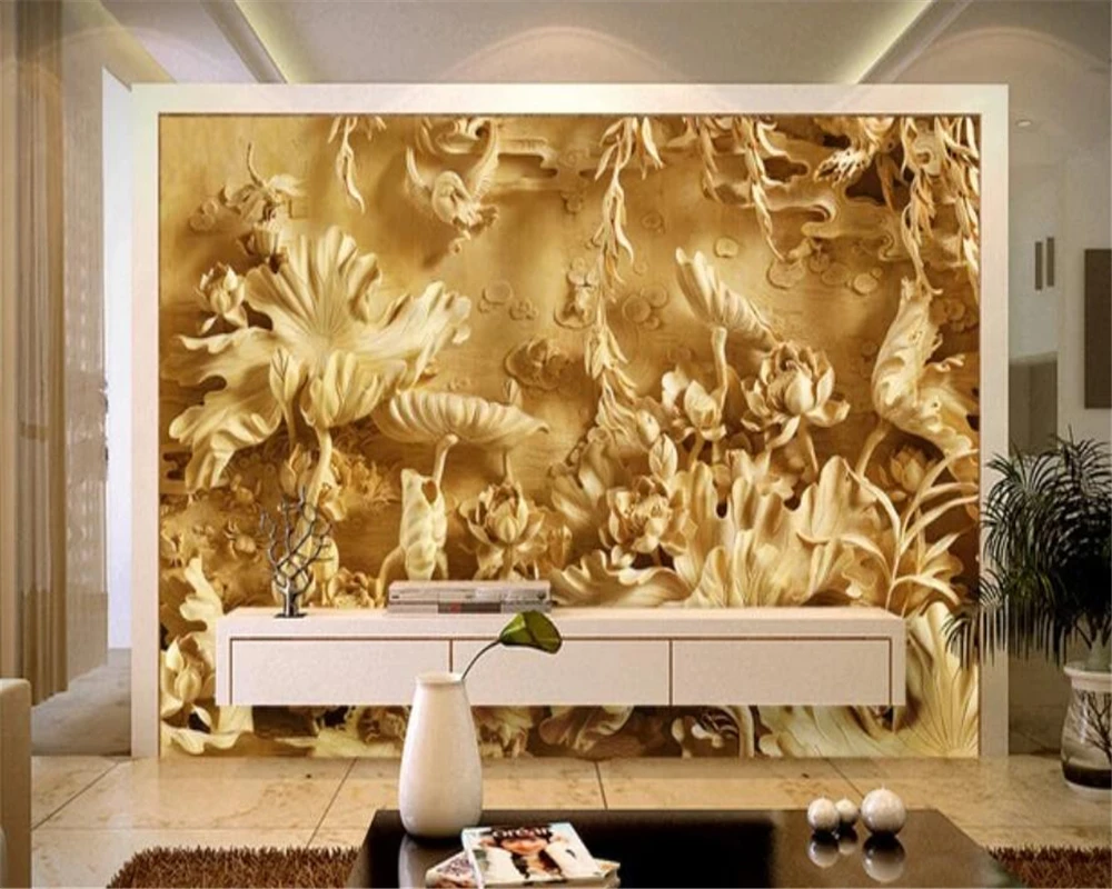 Custom Wallpaper 3D Wood Carving Lotus TV Background Wall Living Room Bedroom Lotus Picture Decorative Painting Papel de parede