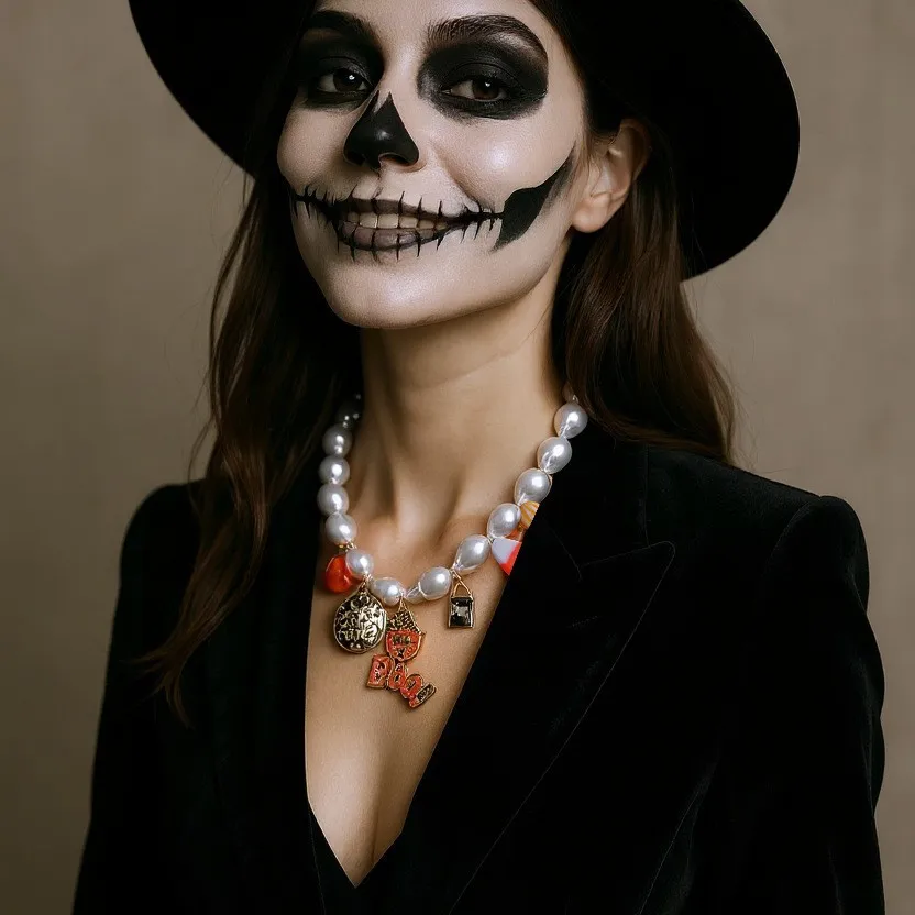 

Halloween fashion simple pearl necklace alloy cute cartoon pumpkin BOO drip oil ghost necklace for women