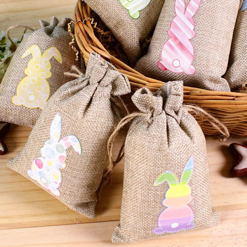 6pcs Easter Burlap Candy Bags Bunny Carrot Egg Pattern Jute Linen Treat Gift Bags for Easter Party Kids Cookies Snack Pack Bags
