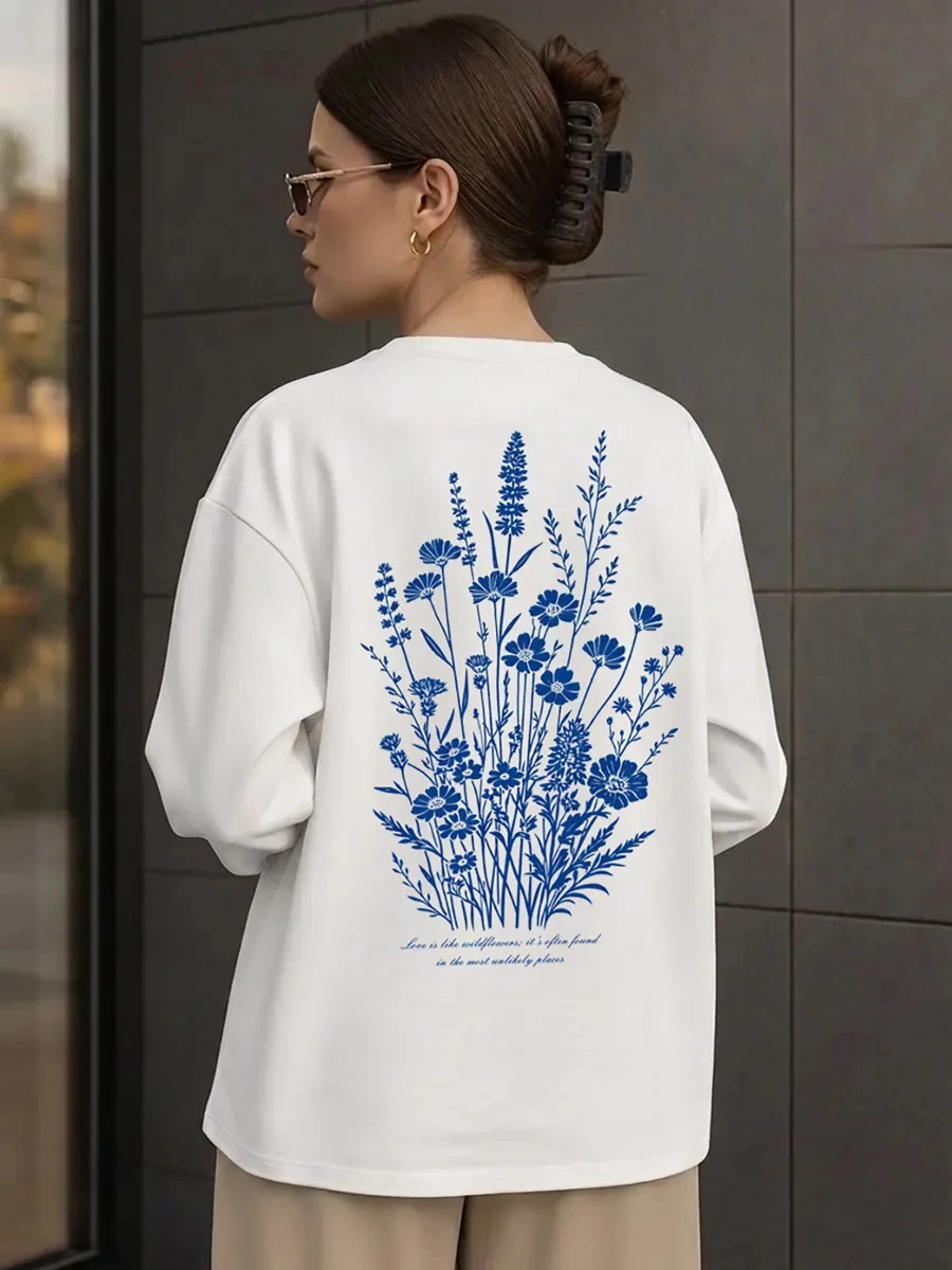 Autumn New Women's Minimalist Print 100% Cotton Long Sleeve T Shirt Elegant Botanical Wildflower Graphic Loose Casual Top