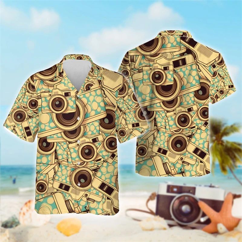 Vintage Camera Graphic Shirts For Men Clothes Casual Hawaiian Beach Shirt Harajuku Fashion Photographer Short Sleeve Male Tops