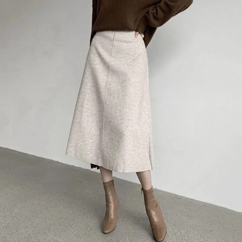 Woolen Skirt Autumn And Winter Skirts Womens A Line Skirt Elegant Long Skirts 2023 New High-Waisted Solid Color All-match Faldas