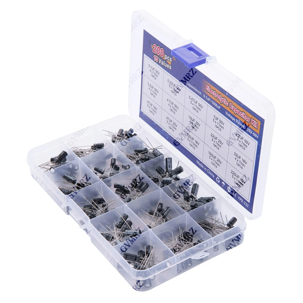 15Values 200pcs Electrolytic Capacitor Organization Storage 0.1-220uF Capacitors Assortment Box Kit 0.22UF 0.47UF 47UF 22UF 33UF