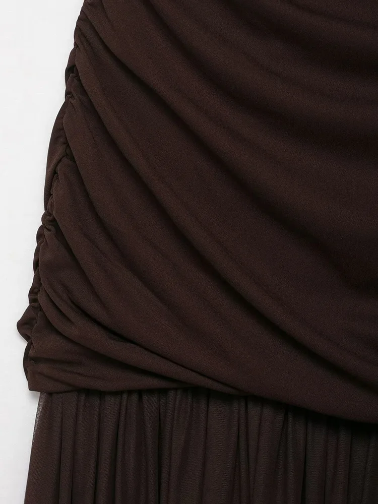 Damska sukienka midi bez rękawów z wysokim dekoltem, tiulowa, drapowana, modna, kontrastowa, damska sukienka Vestidos Mujer