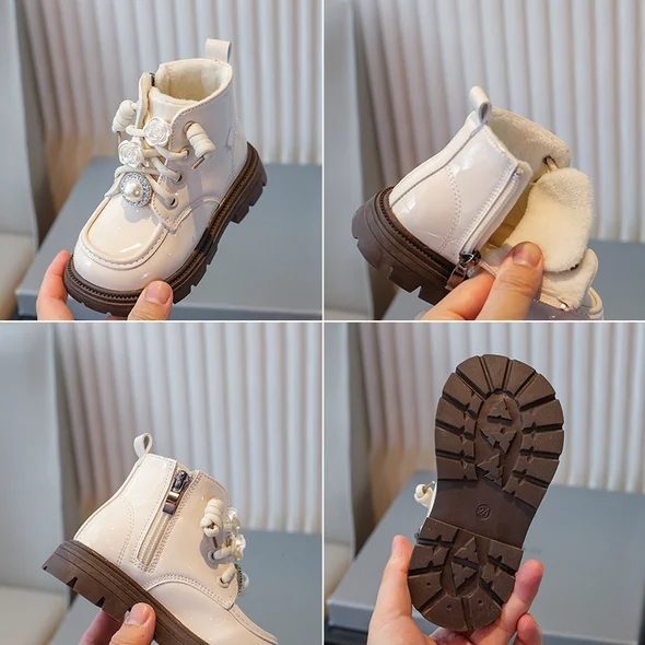 Girls Fashion Boots 2024 Beige Padded Flowers Flat Girls Baby Cotton Shoes Autumn Winter Black Non-slip Short Kids Baby Boots