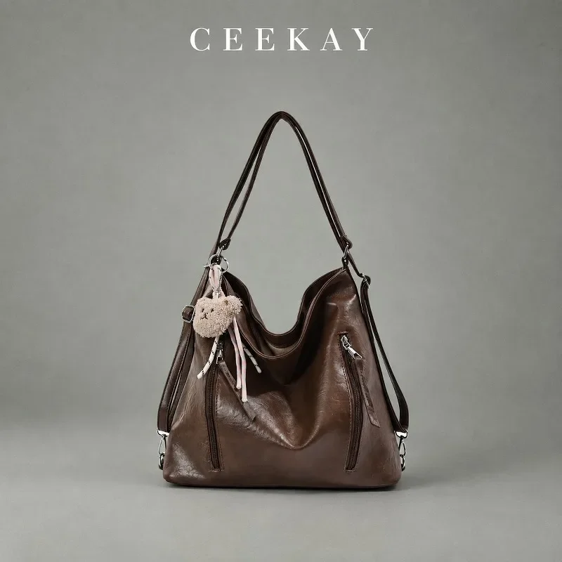 CEEKAY Glossy Leather Slouchy Hobo Bag Twin Strap Dual Zip Pocket Bear Charm All-Match Daily Wear Roomy Elegant for Women
