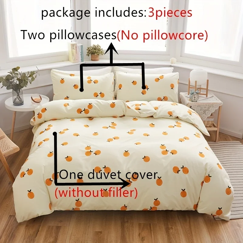 3pcs Down jacket（1 * Down quilt cover   2 * Pillowcase，Without Core），Orange Printed Bedding，Soft and Comfortable，For Bedroom，Gue