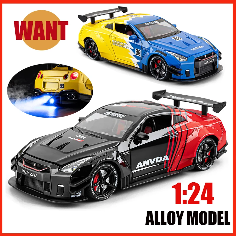 

Spray 1:24 Nissan GTR R35 Skyline Ares Racing Sports Car High End Alloy Diecast Model Sound Light Kid Toy Birthday Gift Ornament