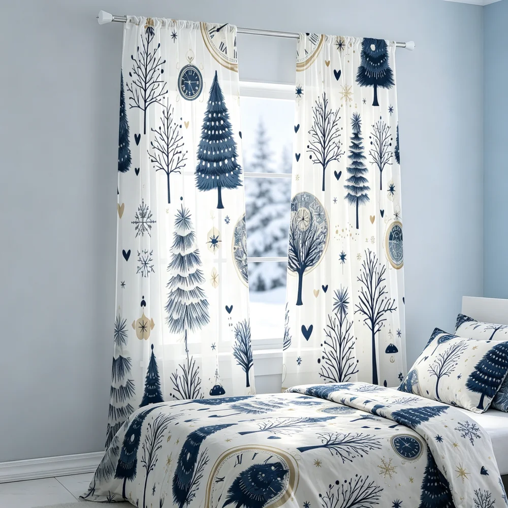 2PCS Christmas Curtains, Deep Blue Trees Clock Hearts Print, Bedroom Living Room Window Drapes, Rod Pocket Polyester, Home Decor